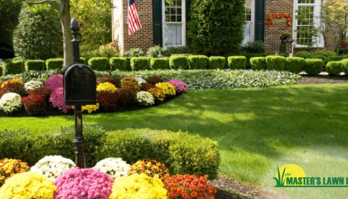 Freshly manicured lawn with colorful flowers