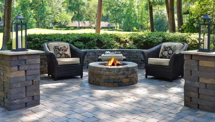 paved patio with fire pit and furniture