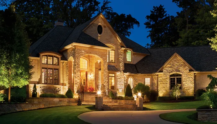 Outdoor Landscape Lighting on a stone home
