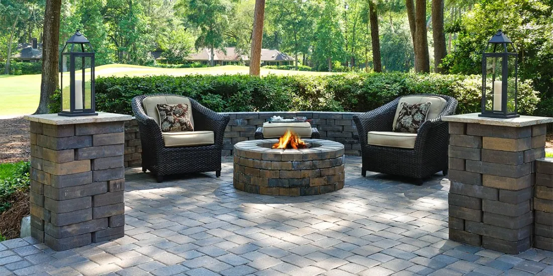 paved patio with fire pit and furniture