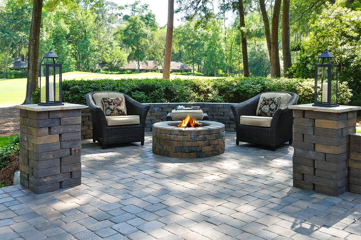paver walkway patios with firepit